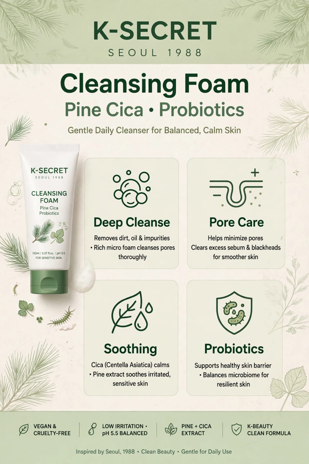 Seoul 1988 Cleansing Foam (Pine Cica 1% + Probiotics)